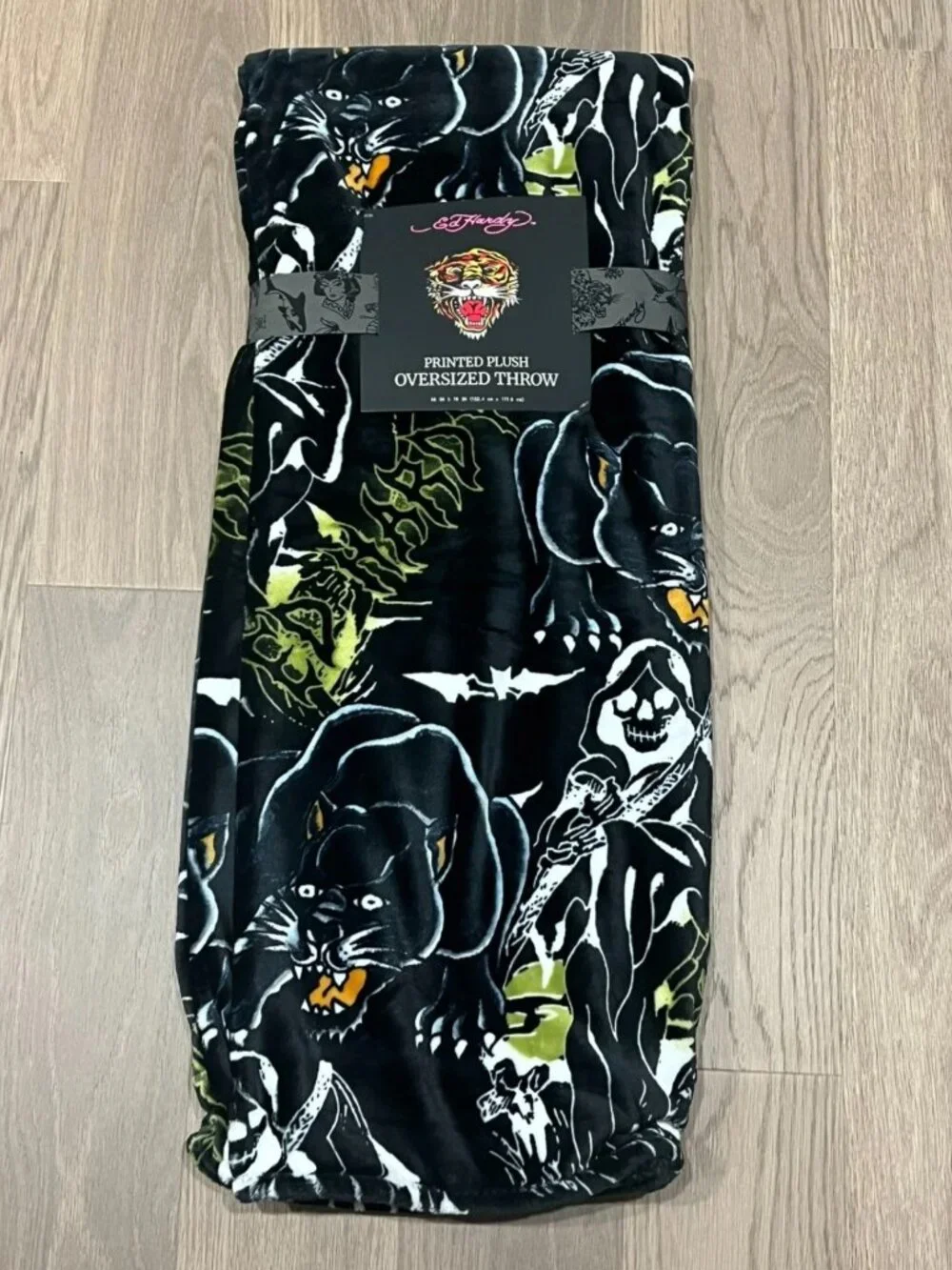 ED HARDY Black Plush Throw Blanket 60x70 Y2K Tattoo Panther Grim Reaper Bats NWT